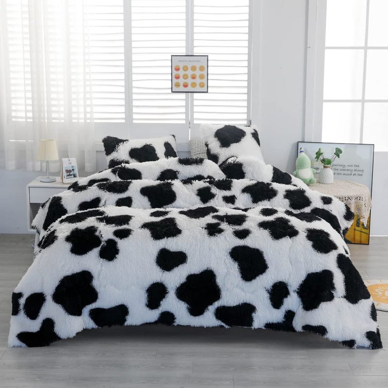 chovy Faux Fur Tie-Dyed Cow Print Black White Comforter Sets Queen - 3PC Bed Set Ultra Soft Plush Flannel Velvet Fluffy Fuzzy Bedding(Comforter x 1 Pillowcases x 2) - Image 2